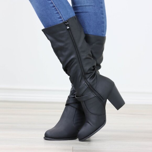 Black Mid Calf Block Heeled Boots Synthetic Leather Pointed Toe Womens - Picture 6 of 16